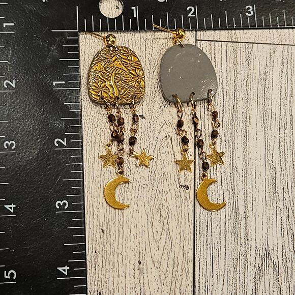 Mushroom Embossed Polymer Clay Dangle Earrings Moon Stars Boho Cottagecore - Picture 3 of 5